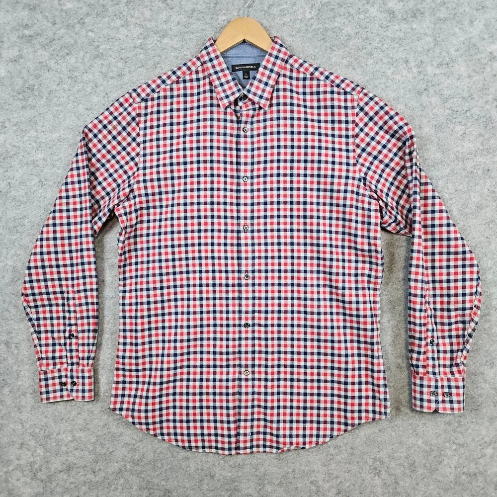 Banana Republic Men's Size L Long Sleeve Button Up Shirt Red Blue Gray‎ Checks